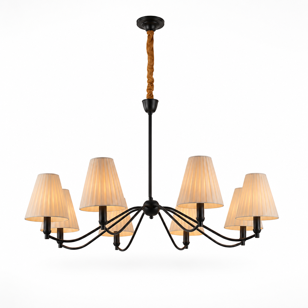 Brass Curved-Arm Chandelier With Pleated Fabric Shades (6- or 8-Head)
