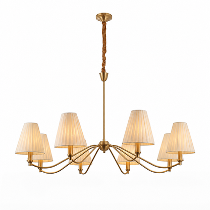 Brass Curved-Arm Chandelier With Pleated Fabric Shades (6- or 8-Head)