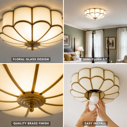 Brass Floral Glass Semi-Flush Ceiling Light (3/4/6-Light)