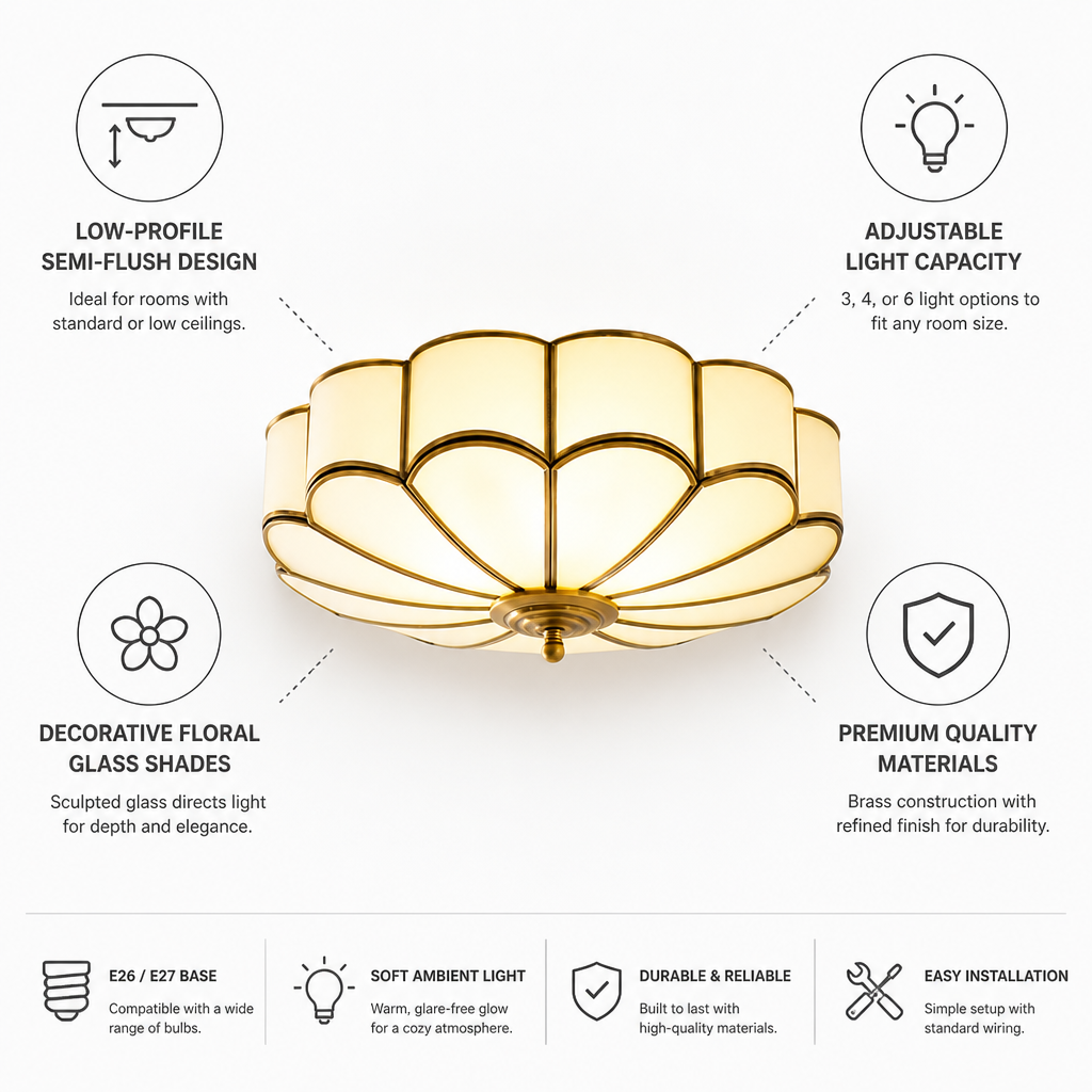 Brass Floral Glass Semi-Flush Ceiling Light (3/4/6-Light)