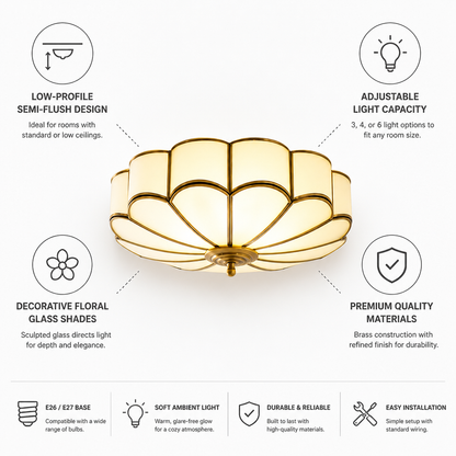 Brass Floral Glass Semi-Flush Ceiling Light (3/4/6-Light)
