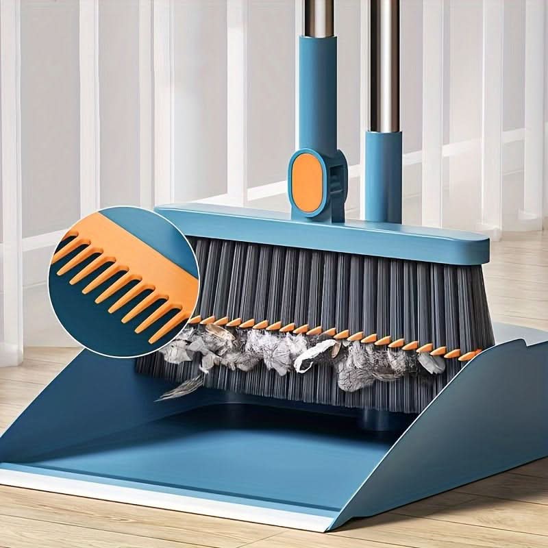 Broom and Dustpan Set 360° Rotating Head Locking Dustpan with Comb Teeth