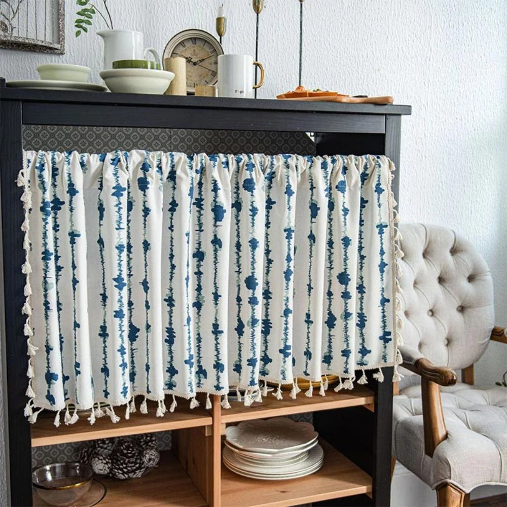 Cabinet Curtain Blue Inkblot Pattern Tassel Fringe Microfiber Blend