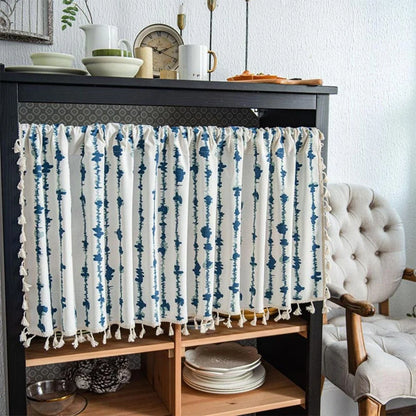 Cabinet Curtain Blue Inkblot Pattern Tassel Fringe Microfiber Blend