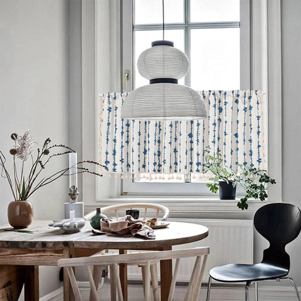 Cabinet Curtain Blue Inkblot Pattern Tassel Fringe Microfiber Blend