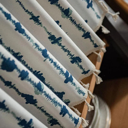 Cabinet Curtain Blue Inkblot Pattern Tassel Fringe Microfiber Blend