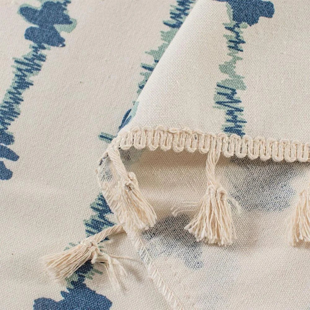Cabinet Curtain Blue Inkblot Pattern Tassel Fringe Microfiber Blend