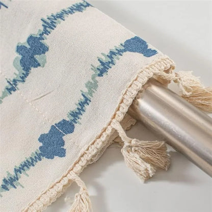 Cabinet Curtain Blue Inkblot Pattern Tassel Fringe Microfiber Blend