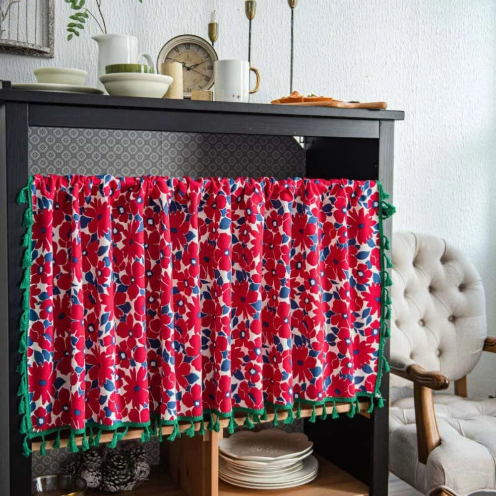 Cabinet Curtain Cotton Linen Semi-Sheer Tassel Trim