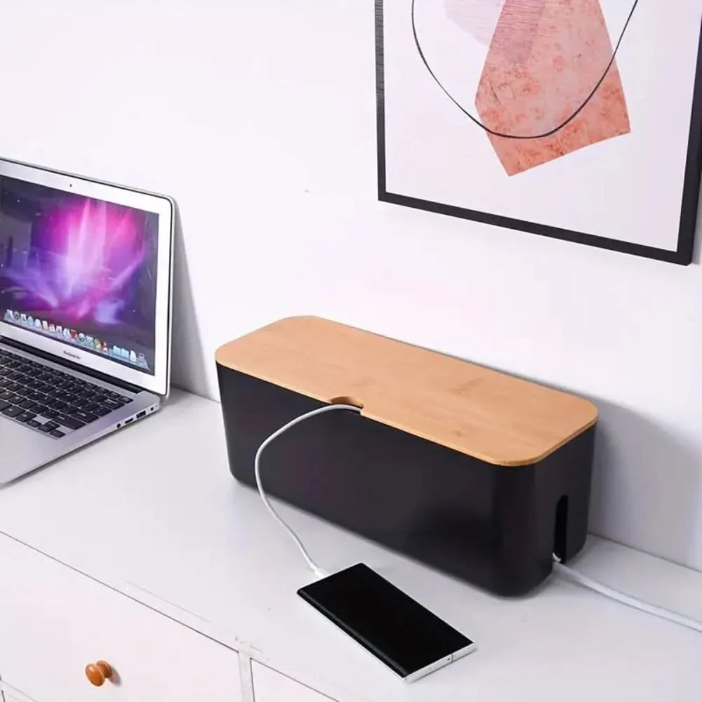 Cable Management Box Bamboo Removable Lid & Side Openings