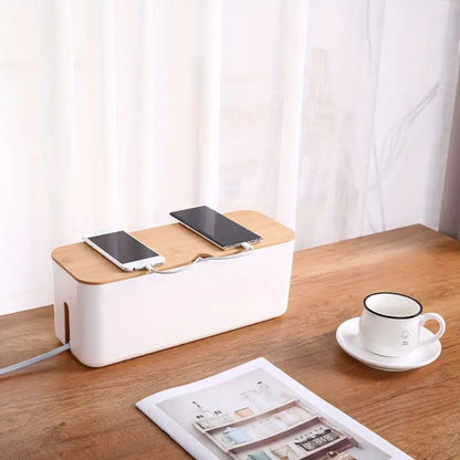 Cable Organizer Box Bamboo Lid Ventilated Base
