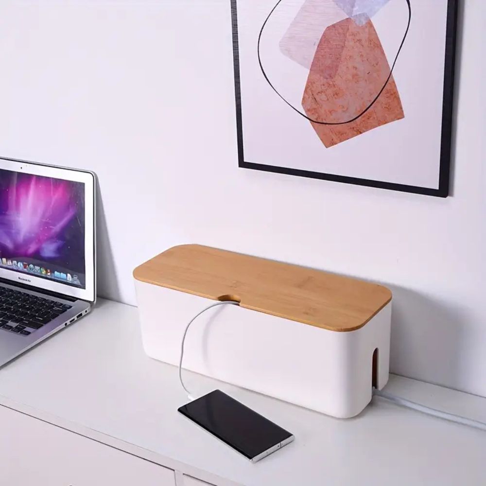 Cable Organizer Box Bamboo Lid Ventilated Base