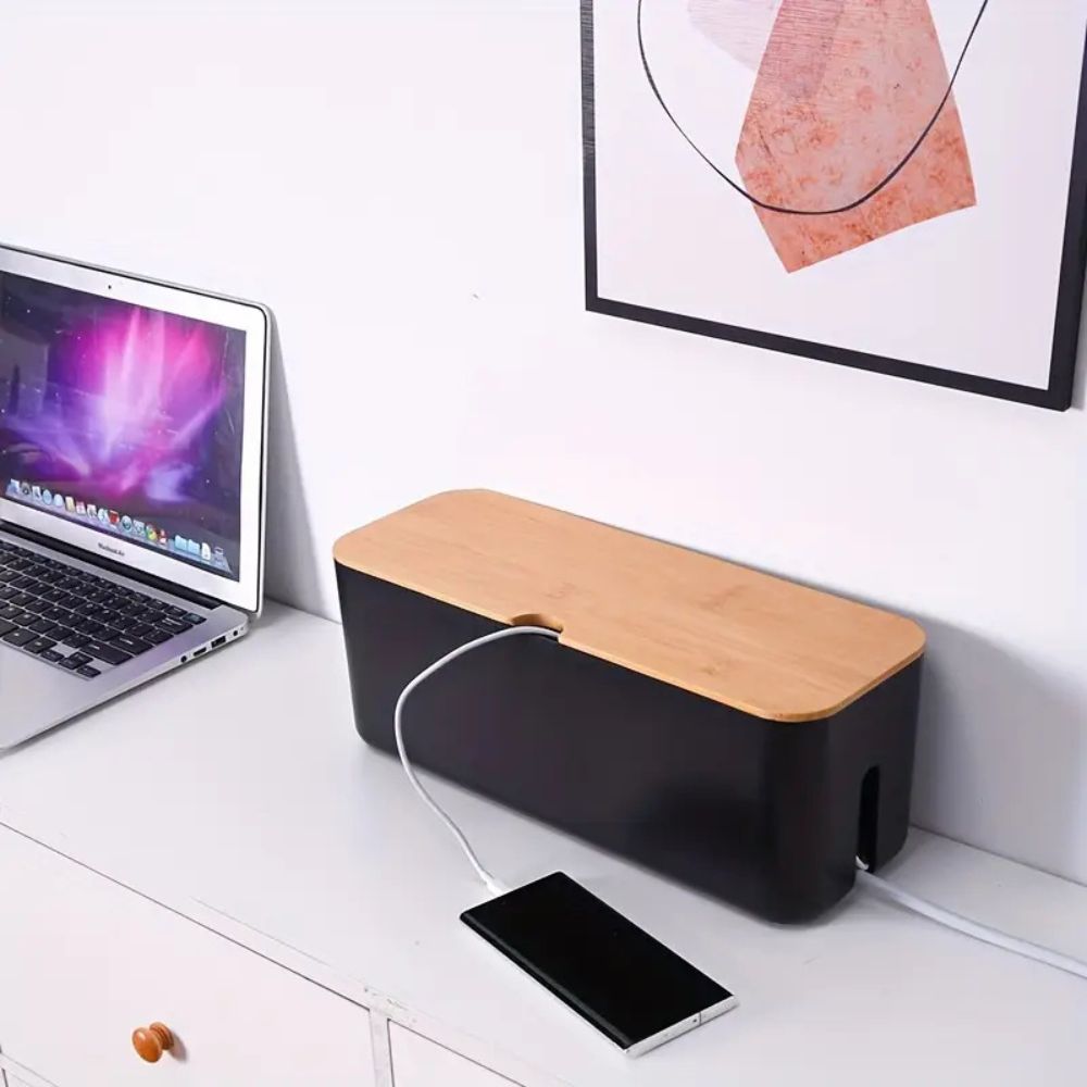 Cable Organizer Box Bamboo Lid Ventilated Base