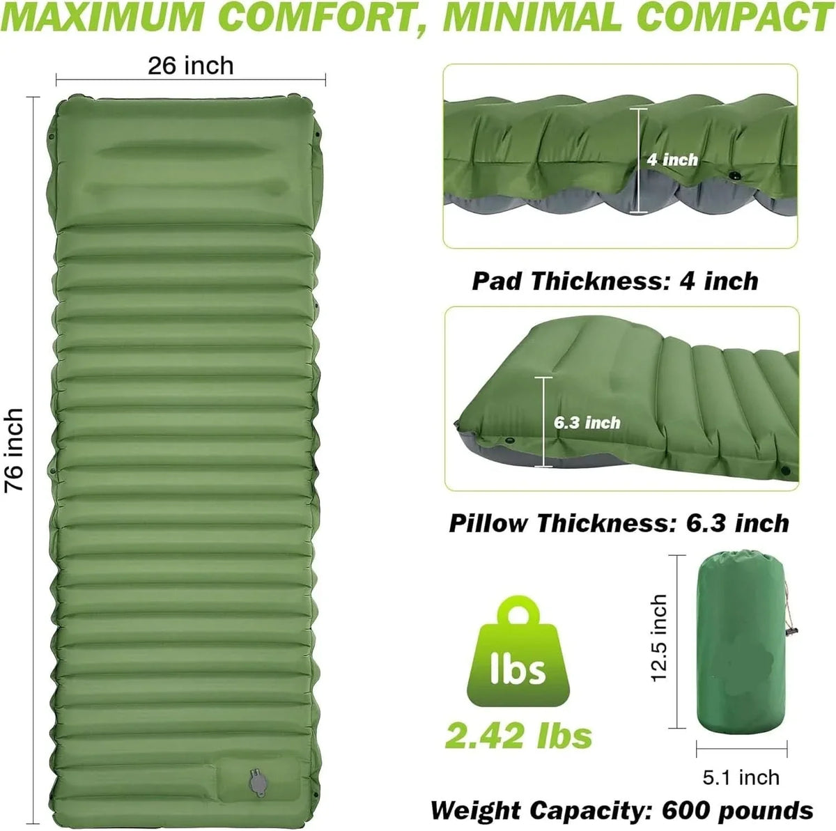 Camping Sleeping Pad 4 Inch Thick Self-Inflating & Connectable