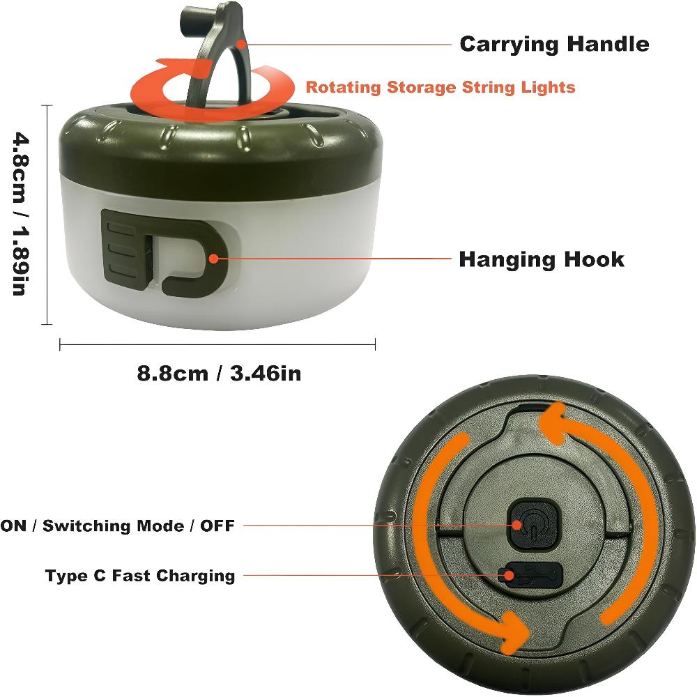 Camping String Lights Retractable USB Rechargeable Waterproof
