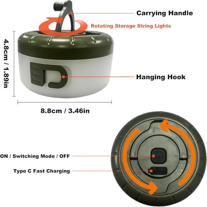 Camping String Lights Retractable USB Rechargeable Waterproof