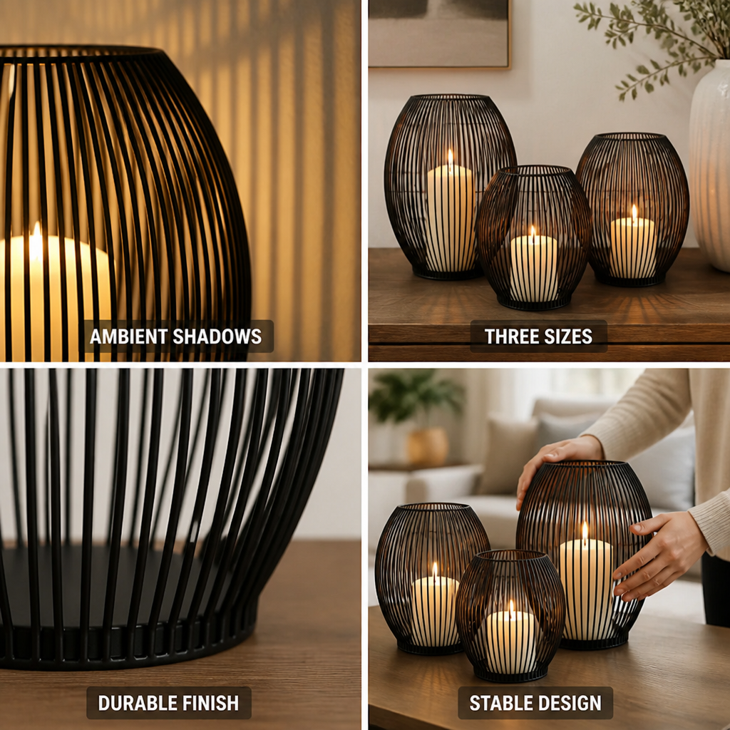 Candle Holder Cage Design Matte Black 3 Sizes