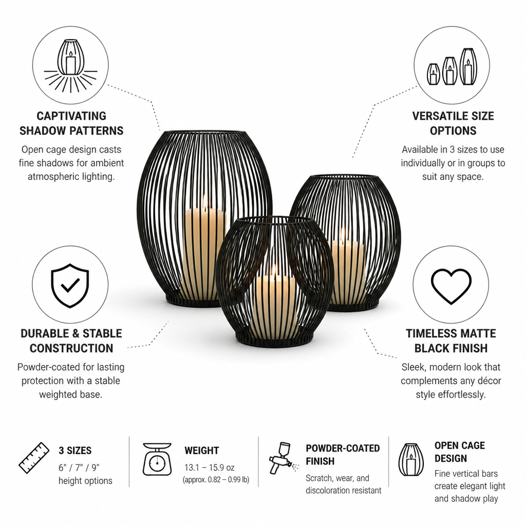 Candle Holder Cage Design Matte Black 3 Sizes