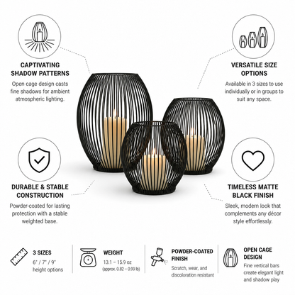Candle Holder Cage Design Matte Black 3 Sizes