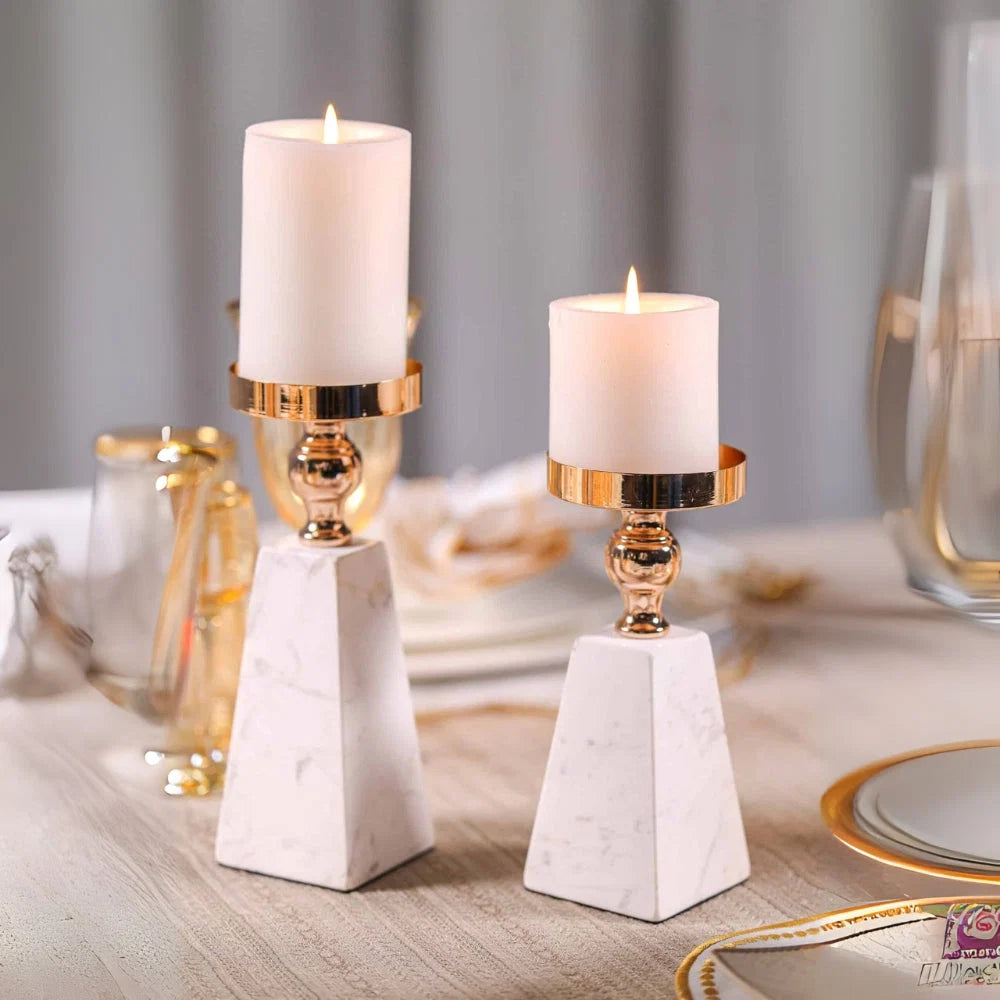 Candle Holder Marble Pyramid Gold Accent