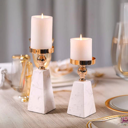 Candle Holder Marble Pyramid Gold Accent