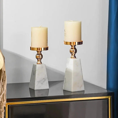 Candle Holder Marble Pyramid Gold Accent