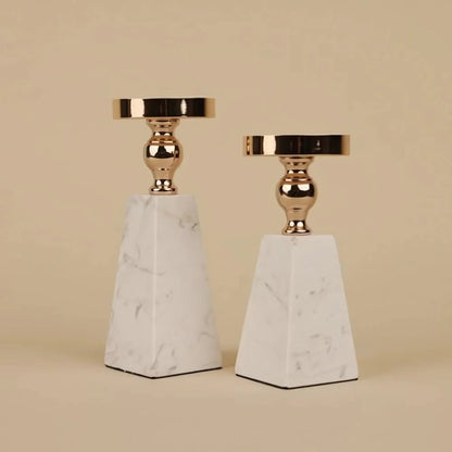 Candle Holder Marble Pyramid Gold Accent