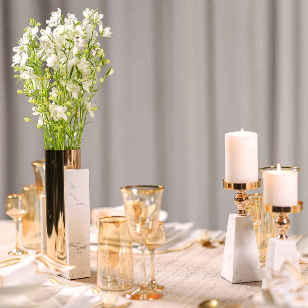 Candle Holder Marble Pyramid Gold Accent