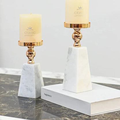 Candle Holder Marble Pyramid Gold Accent