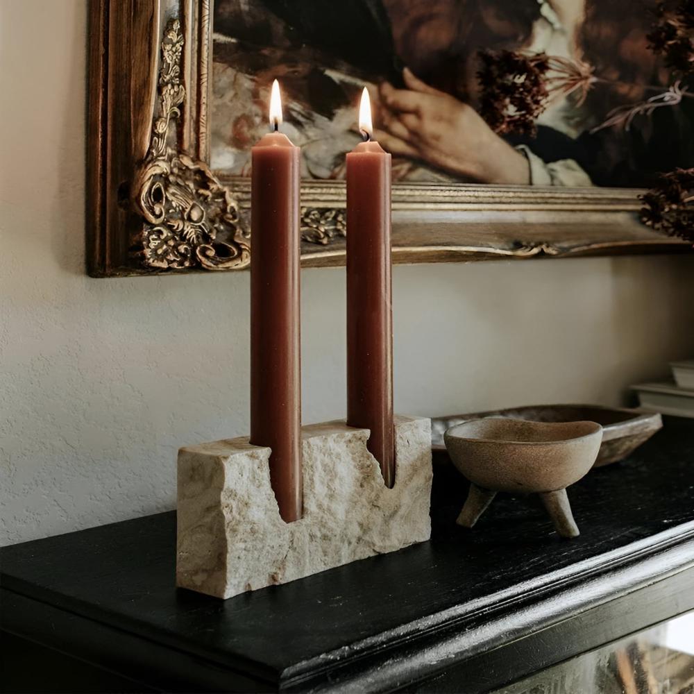 Candle Holder Travertine Stone Holds Two Taper Candles
