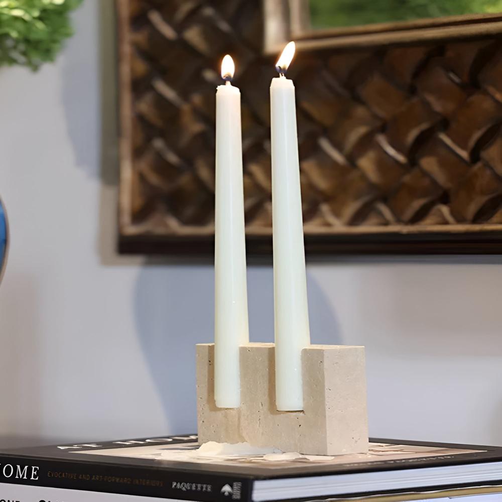 Candle Holder Travertine Stone Holds Two Taper Candles