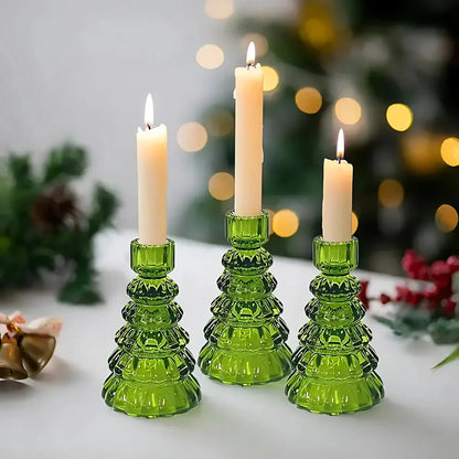 Candle Holders Christmas Tree Glass Set of 3