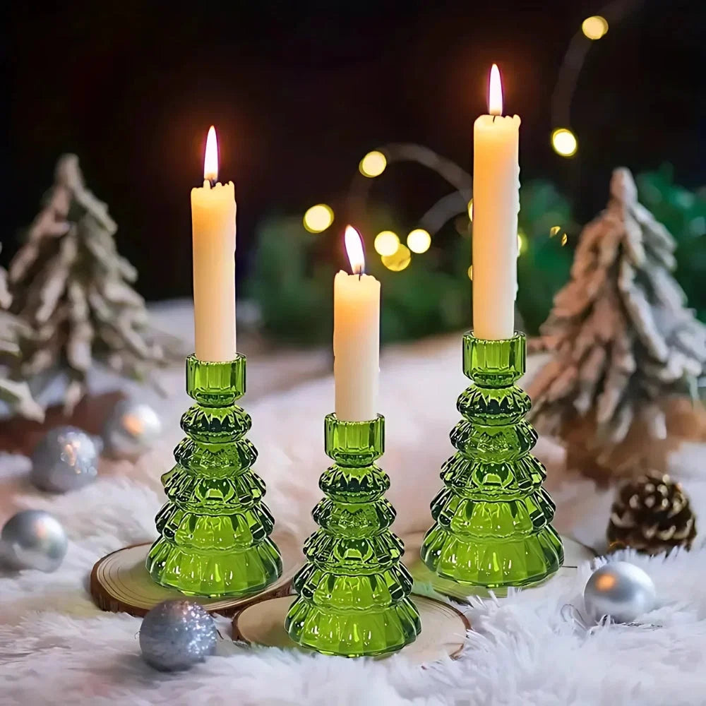 Candle Holders Christmas Tree Glass Set of 3