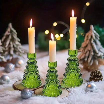 Candle Holders Christmas Tree Glass Set of 3