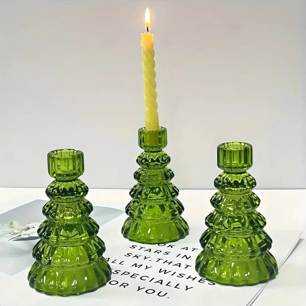 Candle Holders Christmas Tree Glass Set of 3