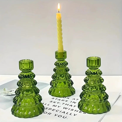 Candle Holders Christmas Tree Glass Set of 3