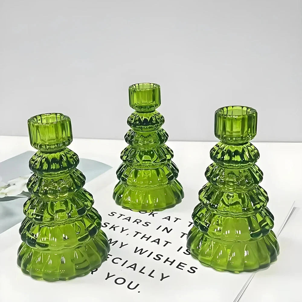 Candle Holders Christmas Tree Glass Set of 3
