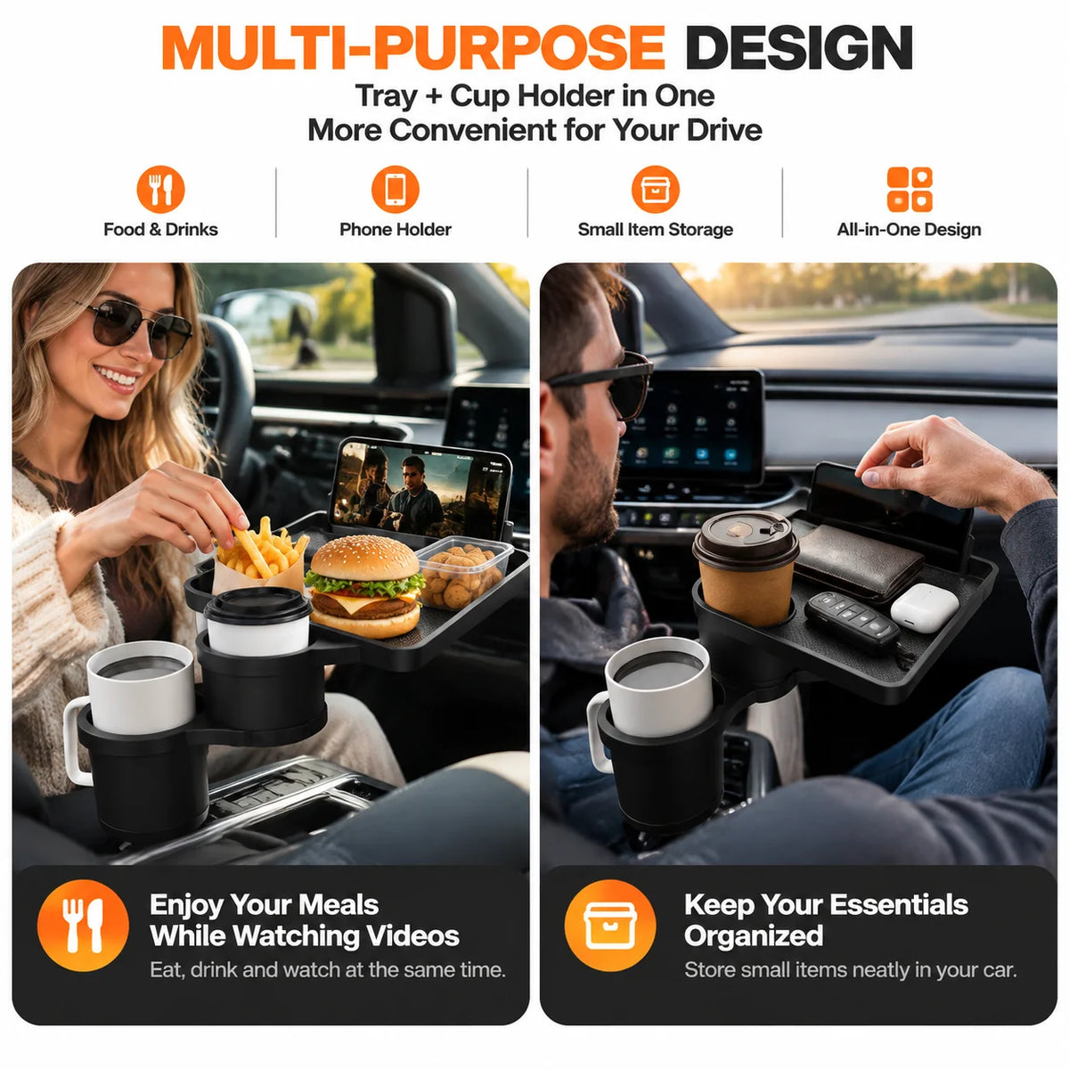Car Cup Holder Tray 360° Rotating Extra Cup Holder