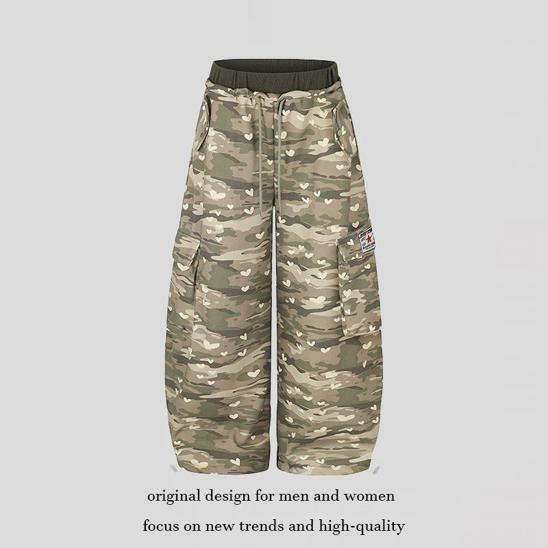 Cargo Pants Wide Leg Heart Camouflage Drawstring Waist