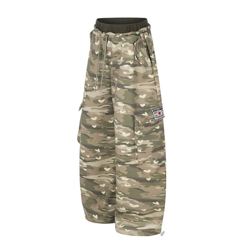 Cargo Pants Wide Leg Heart Camouflage Drawstring Waist