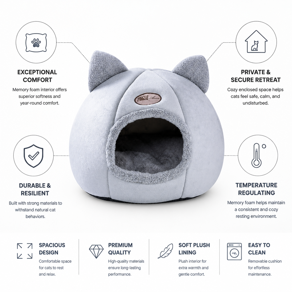 Cat Burrow Memory Foam Plush Lining & Durable Construction