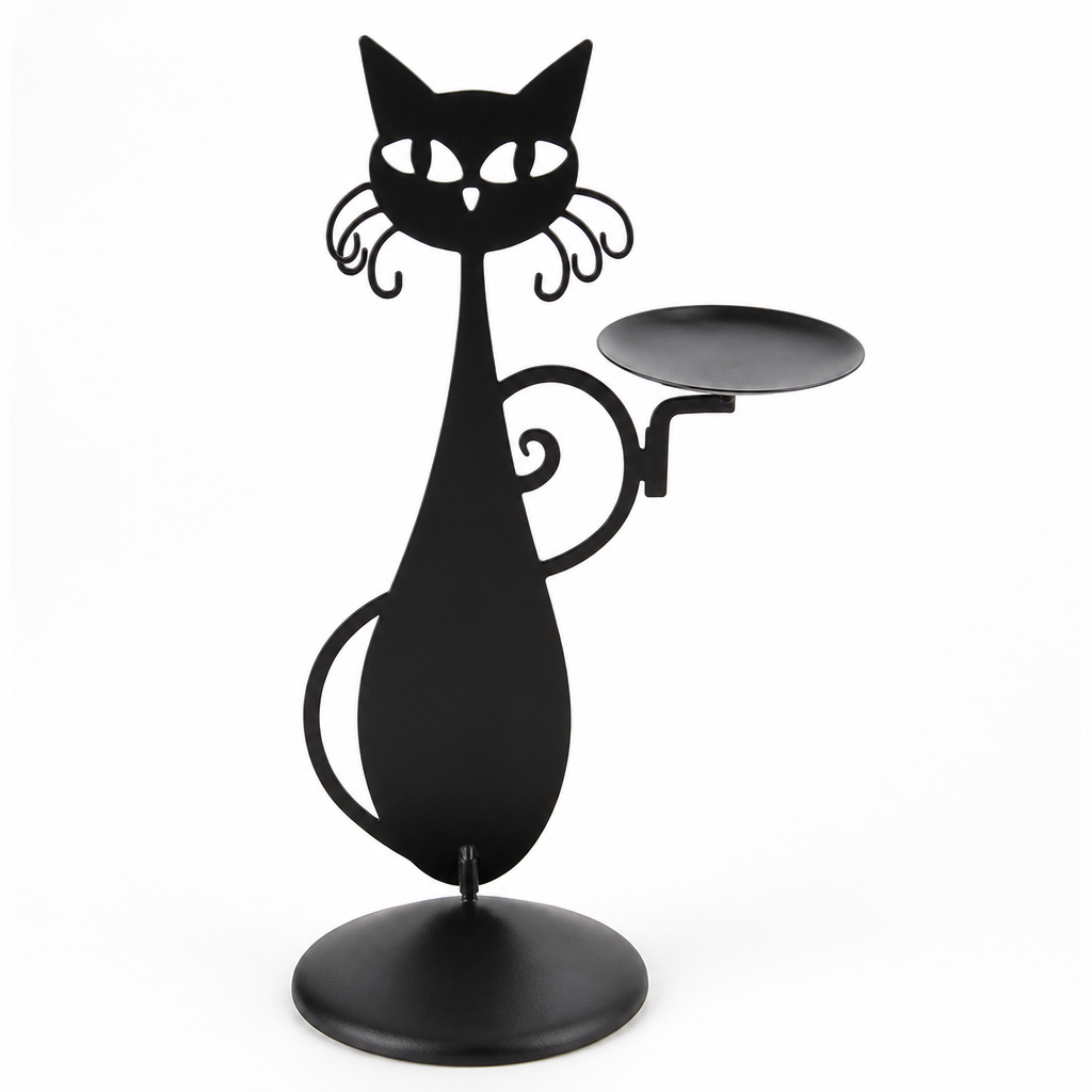 Cat-Shaped Metal Candle Holder with Wax-Collecting Base