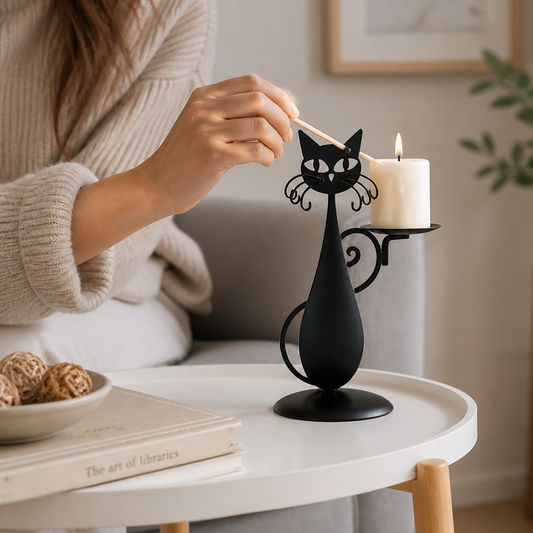 Cat-Shaped Metal Candle Holder with Wax-Collecting Base
