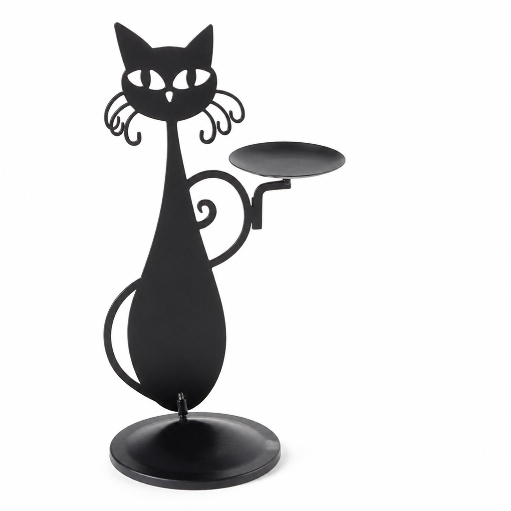 Cat-Shaped Metal Candle Holder with Wax-Collecting Base