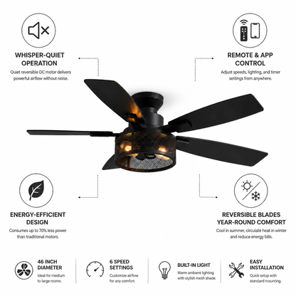 Ceiling Fan 46 Inch Whisper-Quiet Remote & App