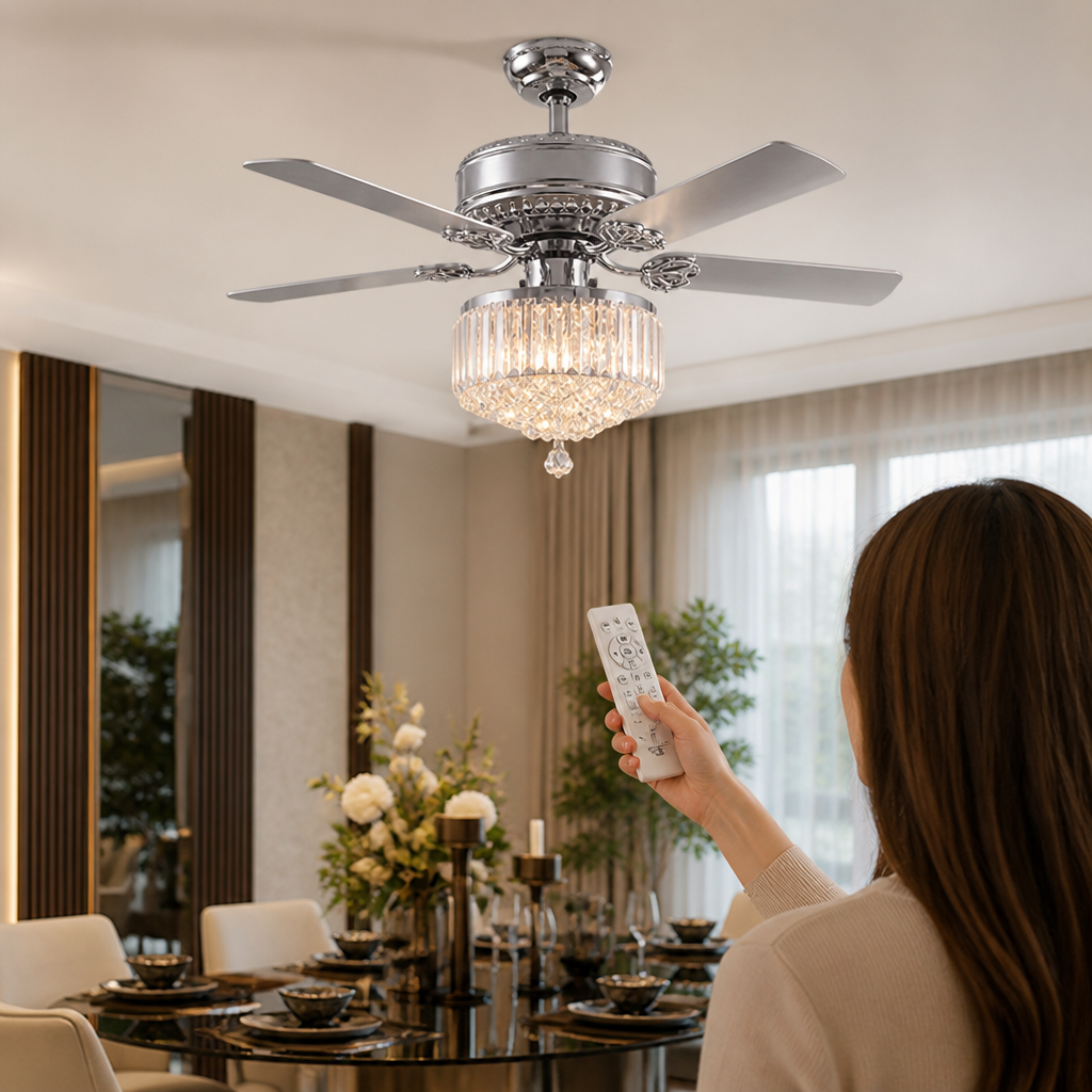 Ceiling Fan Crystal Chandelier 5-Blade Remote Control