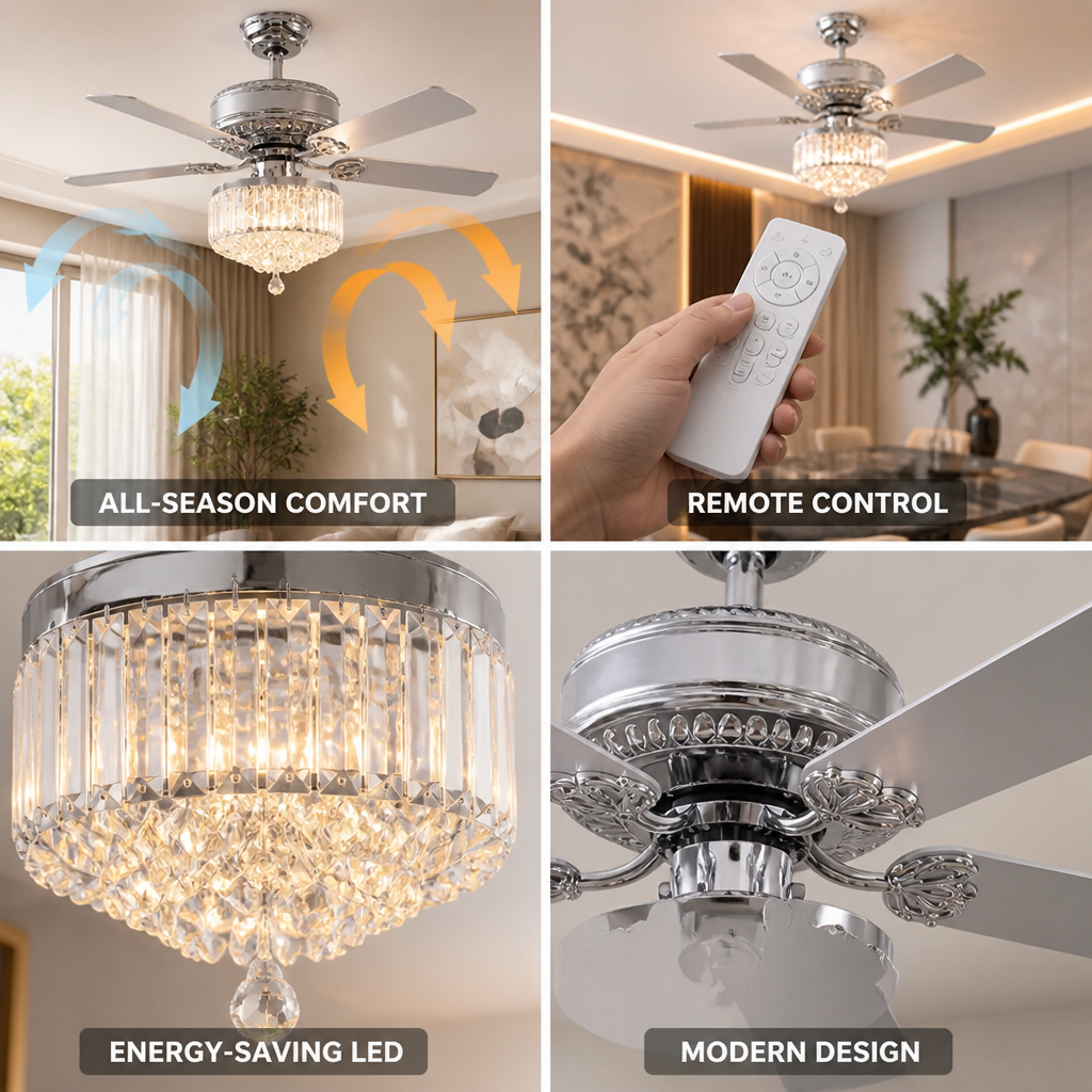 Ceiling Fan Crystal Chandelier 5-Blade Remote Control