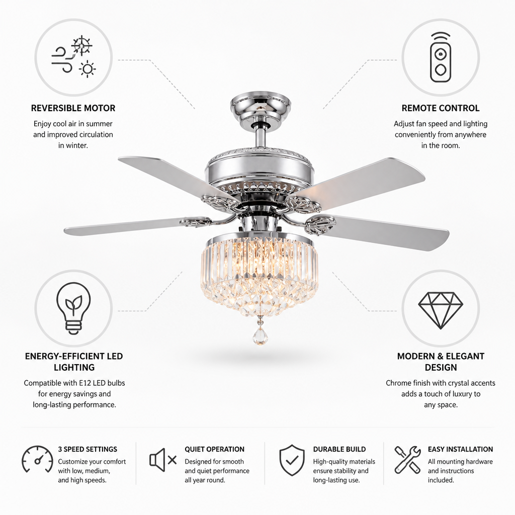 Ceiling Fan Crystal Chandelier 5-Blade Remote Control
