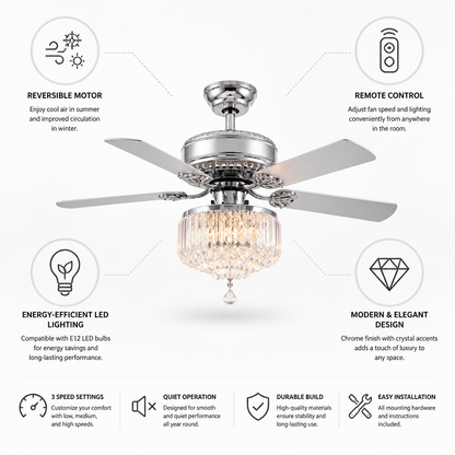 Ceiling Fan Crystal Chandelier 5-Blade Remote Control