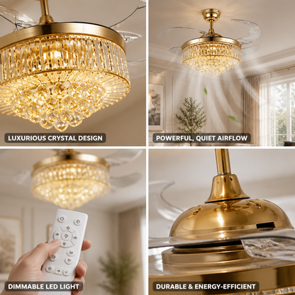 Ceiling Fan Crystal Shade Dimmable LED Quiet Motor